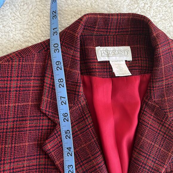 Land's End Vintage Red Plaid Holiday Blazer Sz 10 Burgundy Red Wool Festive - Picture 8 of 11